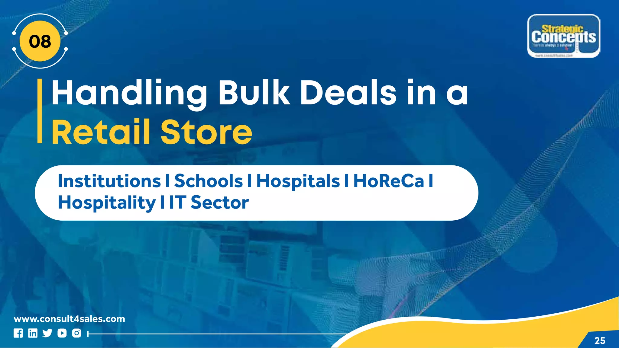 www.consult4sales.com
25
Handling Bulk Deals in a
Retail Store
Institutions I Schools I Hospitals I HoReCa I
Hospitality I IT Sector
 