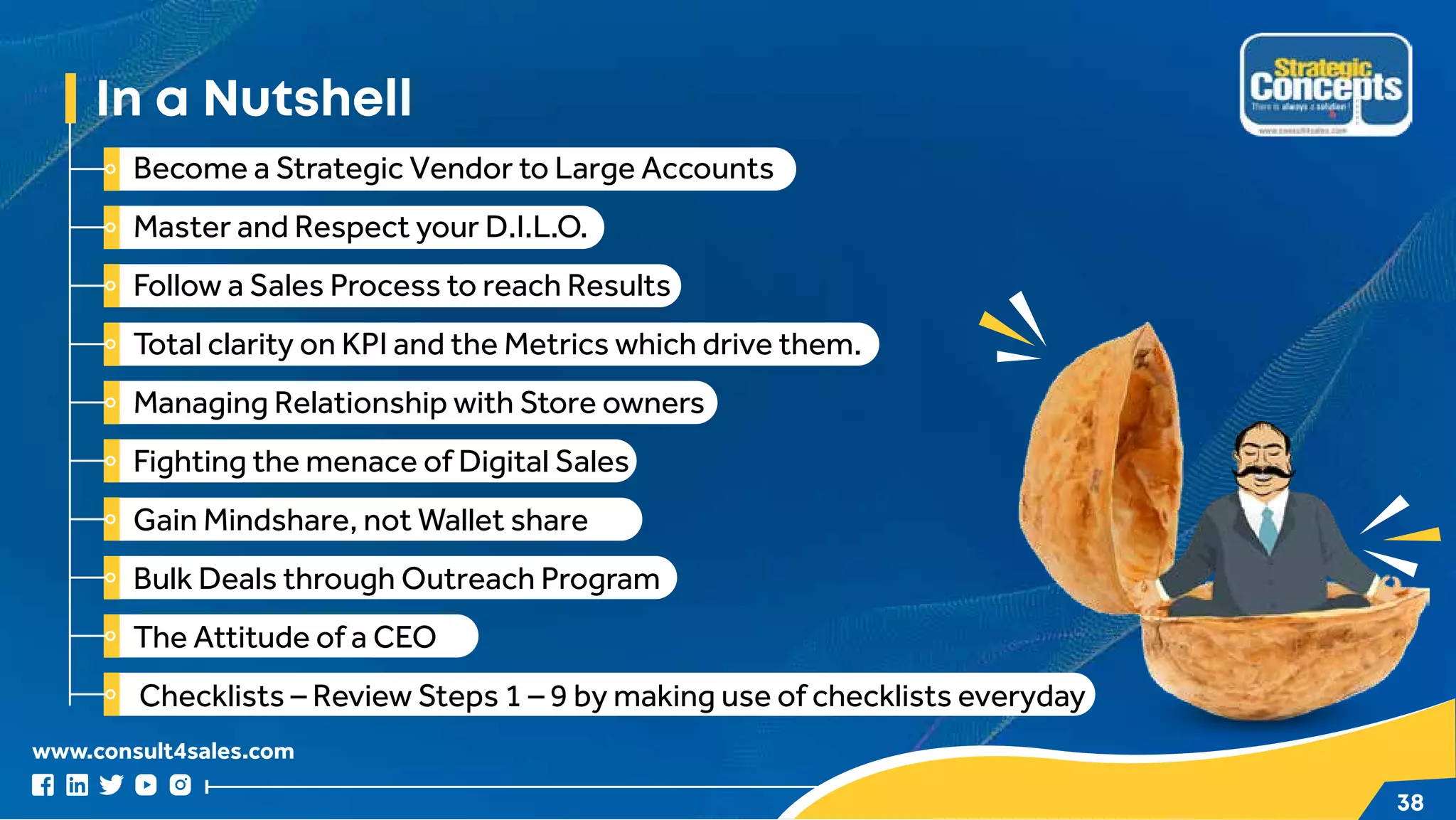 www.consult4sales.com
38
In a Nutshell
Become a Strategic Vendor to Large Accounts
Master and Respect your D.I.L.O.
Follow a Sales Process to reach Results
Total clarity on KPI and the Metrics which drive them.
Managing Relationship with Store owners
Fighting the menace of Digital Sales
Gain Mindshare, not Wallet share
Bulk Deals through Outreach Program
The Attitude of a CEO
Checklists – Review Steps 1 – 9 by making use of checklists everyday
 
