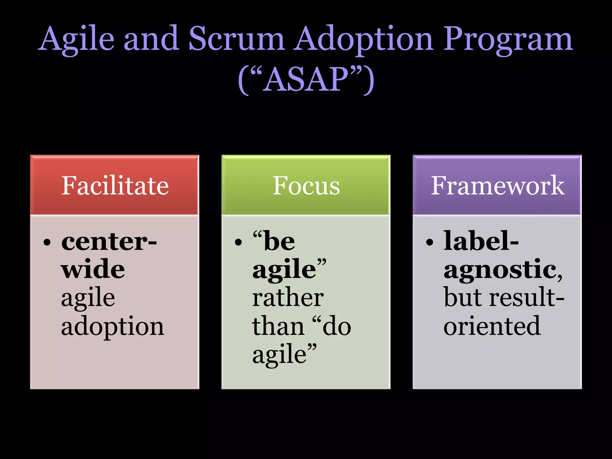 Agile and Scrum Adoption Program
             (“ASAP”)


 Facilitate      Focus      Framework

•  center-    •  “be        •  label-
   wide          agile”        agnostic,
   agile         rather        but result-
   adoption      than “do      oriented
                 agile”
 