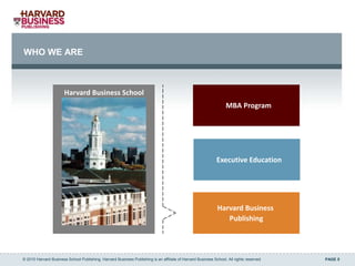 WHO WE ARE



                       Harvard Business School
                                                                                                                  MBA Program




                                                                                                             Executive Education




                                                                                                             Harvard Business
                                                                                                                Publishing




© 2010 Harvard Business School Publishing. Harvard Business Publishing is an affiliate of Harvard Business School. All rights reserved.   PAGE 5
 