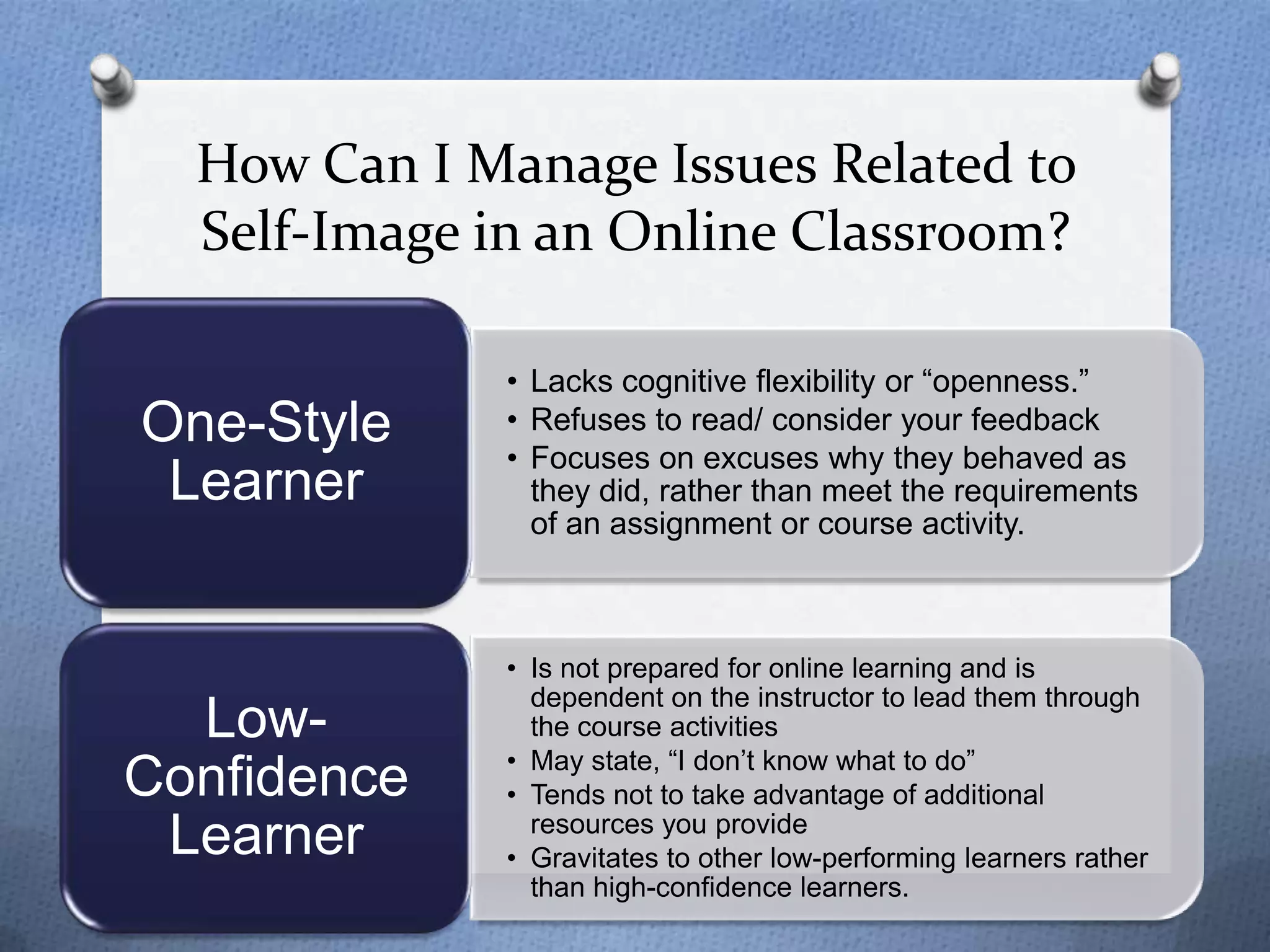 How Can I Manage Issues Related to
Self-Image in an Online Classroom?
• Lacks cognitive flexibility or “openness.”
• Refuses to read/ consider your feedback
• Focuses on excuses why they behaved as
they did, rather than meet the requirements
of an assignment or course activity.
One-Style
Learner
• Is not prepared for online learning and is
dependent on the instructor to lead them through
the course activities
• May state, “I don’t know what to do”
• Tends not to take advantage of additional
resources you provide
• Gravitates to other low-performing learners rather
than high-confidence learners.
Low-
Confidence
Learner
 