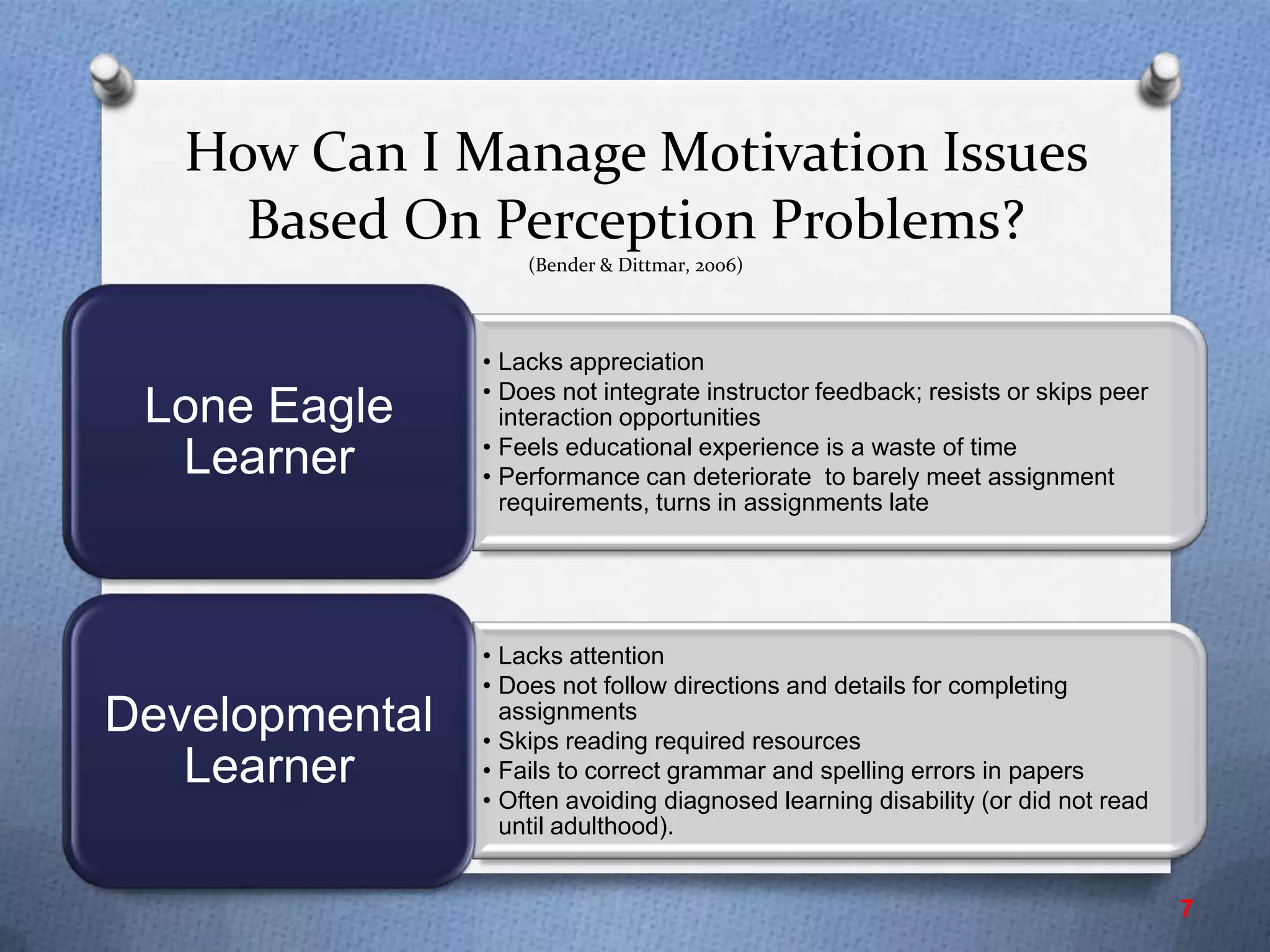 How Can I Manage Motivation Issues
Based On Perception Problems?
(Bender & Dittmar, 2006)
• Lacks appreciation
• Does not integrate instructor feedback; resists or skips peer
interaction opportunities
• Feels educational experience is a waste of time
• Performance can deteriorate to barely meet assignment
requirements, turns in assignments late
Lone Eagle
Learner
• Lacks attention
• Does not follow directions and details for completing
assignments
• Skips reading required resources
• Fails to correct grammar and spelling errors in papers
• Often avoiding diagnosed learning disability (or did not read
until adulthood).
Developmental
Learner
7
 