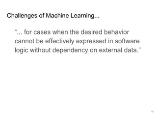 How does machine
learning affect team
organization?
15
Machine Learning Expert
Spectrum of options between:
Integrate machine learning expertise in every
team that needs it.
Separate it in an independent, specialist
team.
 