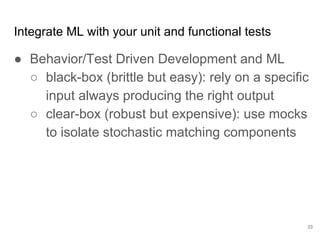 Decouple functional
tests from model
variations.
23
Stuff to do now
Options:
Black-box style: enforce “can’t be wrong”
(“earmark”) input/output pairs. Might lead to
spurious test failures.
Clear-box style: use a mock implementation
of the model that produces expected answers.
 