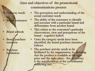 Aims and objectives of the promotional
communications process
• Category needs
• Brand awareness
• Brand attitude
• Brand purchase
intention
• Purchase
facilitation
• The perception and understanding of the
actual customer needs
• The ability of the consumer to identify
and associate with a particular brand and
differentiate from another brand
• This relates to the consumer's particular
observations, view and perceptions of the
brand - cognitive beliefs
• Once the category needs have been
identified, the brand purchase intention
follows
• The purchase activity needs to be
facilitated by the organization, by ensuring
that the product is available at the right
price and the right place - this in essence
is the manifestation of the co-ordinated
marketing mix.
 
