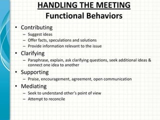 HANDLING THE MEETING
Functional Behaviors
• Contributing
– Suggest ideas
– Offer facts, speculations and solutions
– Provide information relevant to the issue
• Clarifying
– Paraphrase, explain, ask clarifying questions, seek additional ideas &
connect one idea to another
• Supporting
– Praise, encouragement, agreement, open communication
• Mediating
– Seek to understand other’s point of view
– Attempt to reconcile differences, “referee”
 