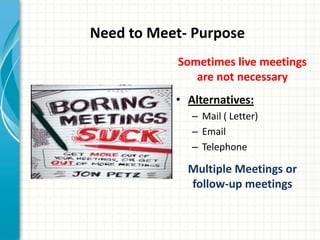Need to Meet- Purpose
Sometimes live meetings
are not necessary
• Alternatives:
– Mail ( Letter)
– Email
– Telephone
Multiple Meetings or
follow-up meetings
 