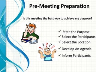 Pre-Meeting Preparation
 State the Purpose
 Select the Participants
 Select the Location
 Develop An Agenda
 Inform Participants
Is this meeting the best way to achieve my purpose?
 