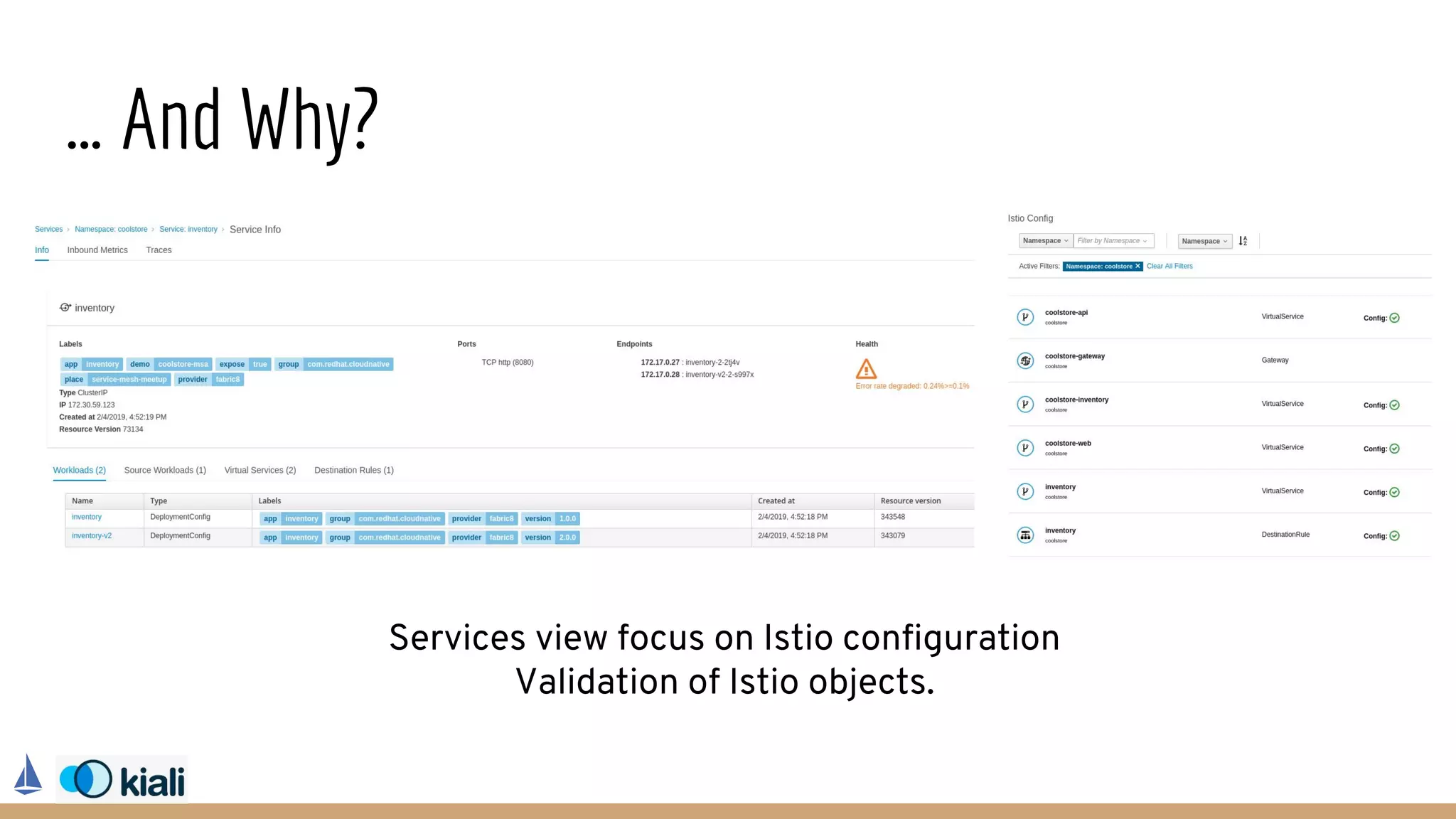 … And Why?
Services view focus on Istio configuration
Validation of Istio objects.
 