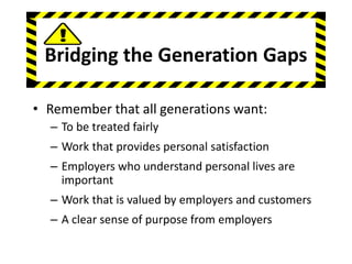 Bridging the Generation Gaps
• Remember that all generations want:
– To be treated fairly
– Work that provides personal satisfaction
– Employers who understand personal lives are
important
– Work that is valued by employers and customers
– A clear sense of purpose from employers
 
