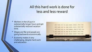 All this hard work is done for less and less reward 
•Workers in the US put in substantially longer hours and get substantially reduced vacation time. 
•Wages are flat and people are going backwards economically. 
•Economy makes it very challenging, despite hard work and education.  