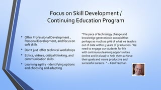Focus on Skill Development / Continuing Education Program 
•Offer Professional Development , Personal Development, and focus on soft skills 
•Don’t just offer technical workshops 
•Ethics, virtues, critical thinking, and communication skills 
•Learning agility -Identifying options and choosing and adapting 
“The pace of technology change and knowledge generation is so rapid that perhaps as much as 50% of what we teach is out of datewithin 5 years of graduation.We need to engage our students for life withcontinuous learning opportunities (online and in class)to help them achieve theirgoals and insure productive and successfulcareers.” –Ken Freeman  