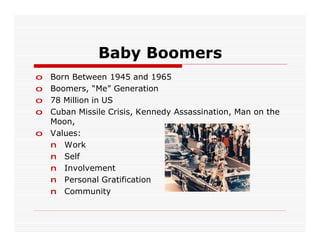 Baby Boomers
o Born Between 1945 and 1965
o Boomers, “Me” Generation
o 78 Million in US
o Cuban Missile Crisis, Kennedy Assassination, Man on the
  Moon,
o Values:
  n Work
  n Self
  n Involvement
  n Personal Gratification
  n Community
 