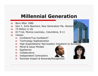 Millennial Generation
o   Born After 1980
o   Gen Y , Echo Boomers, New Generation Me, Nexters
o   73 Million in US
o   OJ Trial, Monica Lewinsky, Columbine, 9-11
o   Values:
    n Confident/T oo Confident?
    n T echnology Sophistication
    n High Expectations/ Narcissistic/ Impatient to Succeed?
    n Moral & Issue Minded
    n Egalitarian
    n Collaborative
    n Independent Contractors
    n Parental Impact & Rewards/Recognition
 
