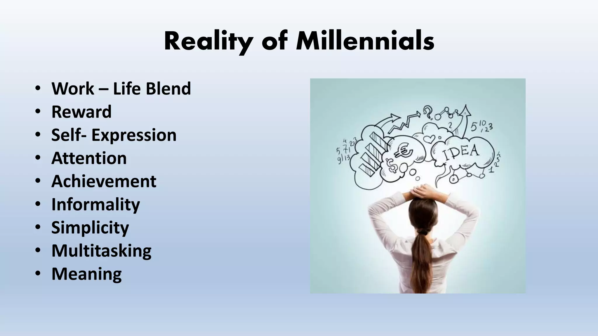 Reality of Millennials
• Work – Life Blend
• Reward
• Self- Expression
• Attention
• Achievement
• Informality
• Simplicity
• Multitasking
• Meaning
 