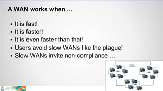 A WAN works when …
 It is fast!
 It is faster!
 It is even faster than that!
 Users avoid slow WANs like the plague!
 Slow WANs invite non-compliance …
 