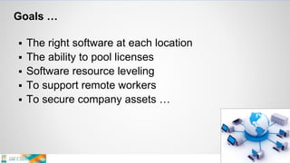 Goals …
 The right software at each location
 The ability to pool licenses
 Software resource leveling
 To support remote workers
 To secure company assets …
 