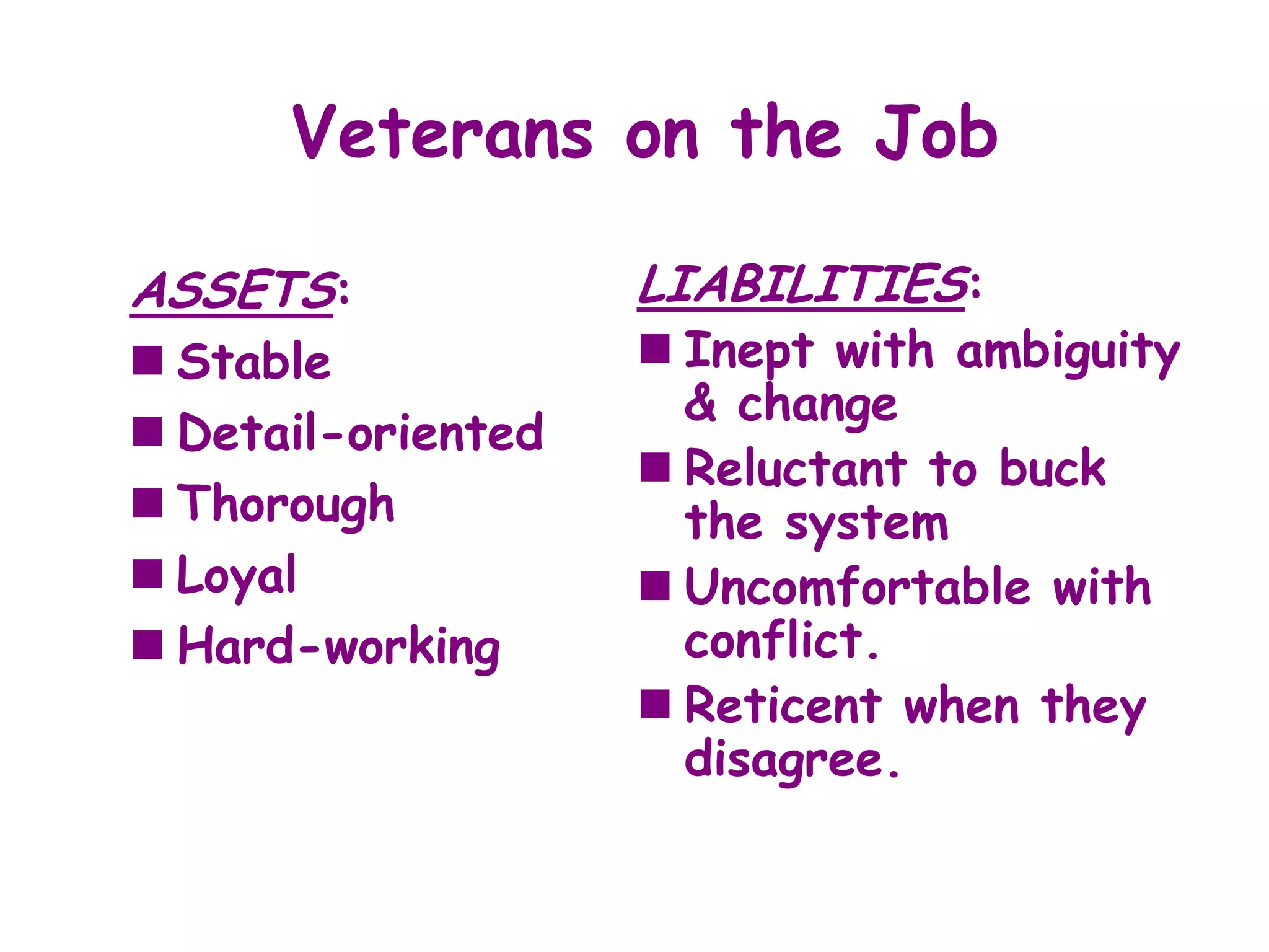 Veterans on the Job

ASSETS:             LIABILITIES:
 Stable             Inept with ambiguity
                      & change
 Detail-oriented
                     Reluctant to buck
 Thorough            the system
 Loyal              Uncomfortable with
 Hard-working        conflict.
                     Reticent when they
                      disagree.
 