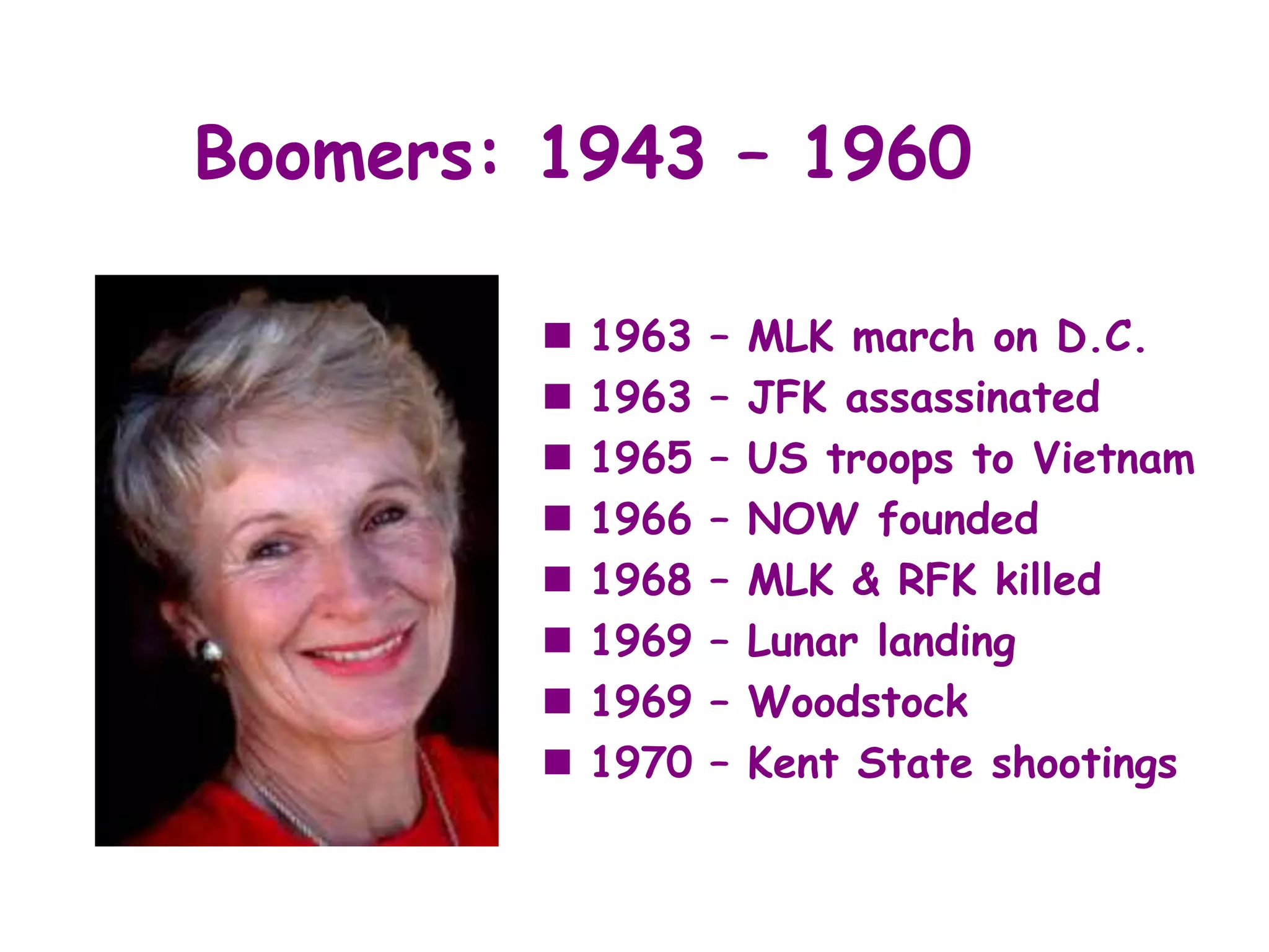 Boomers: 1943 – 1960

           1963   –   MLK march on D.C.
           1963   –   JFK assassinated
           1965   –   US troops to Vietnam
           1966   –   NOW founded
           1968   –   MLK & RFK killed
           1969   –   Lunar landing
           1969   –   Woodstock
           1970   –   Kent State shootings
 