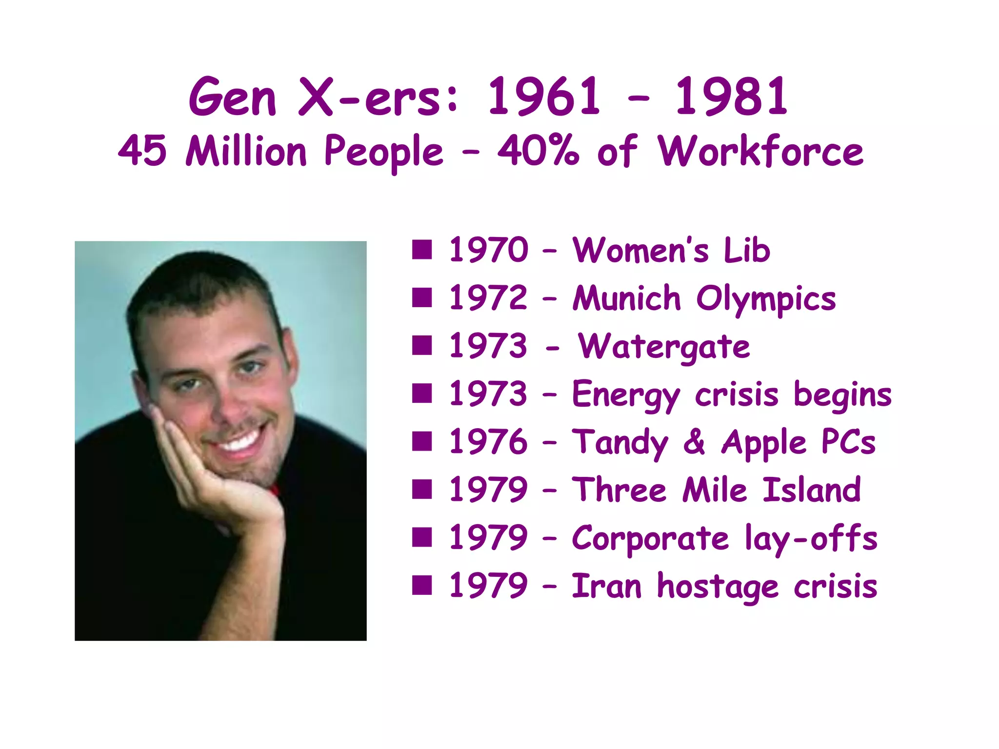 Gen X-ers: 1961 – 1981
45 Million People – 40% of Workforce

                 1970   – Women’s Lib
                 1972   – Munich Olympics
                 1973   - Watergate
                 1973   – Energy crisis begins
                 1976   – Tandy & Apple PCs
                 1979   – Three Mile Island
                 1979   – Corporate lay-offs
                 1979   – Iran hostage crisis
 