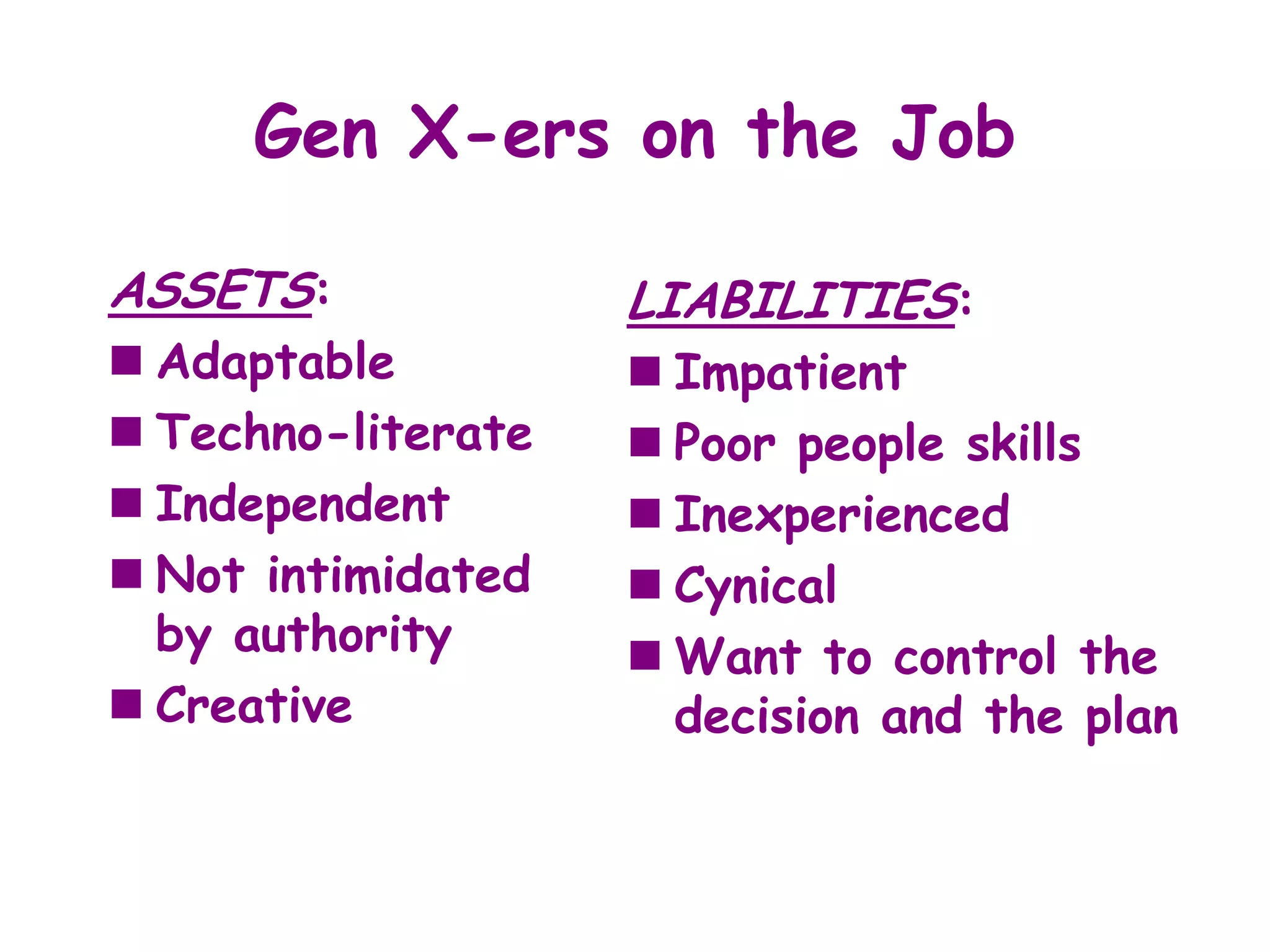 Gen X-ers on the Job

ASSETS:             LIABILITIES:
 Adaptable          Impatient
 Techno-literate    Poor people skills
 Independent        Inexperienced
 Not intimidated    Cynical
  by authority       Want to control the
 Creative            decision and the plan
 