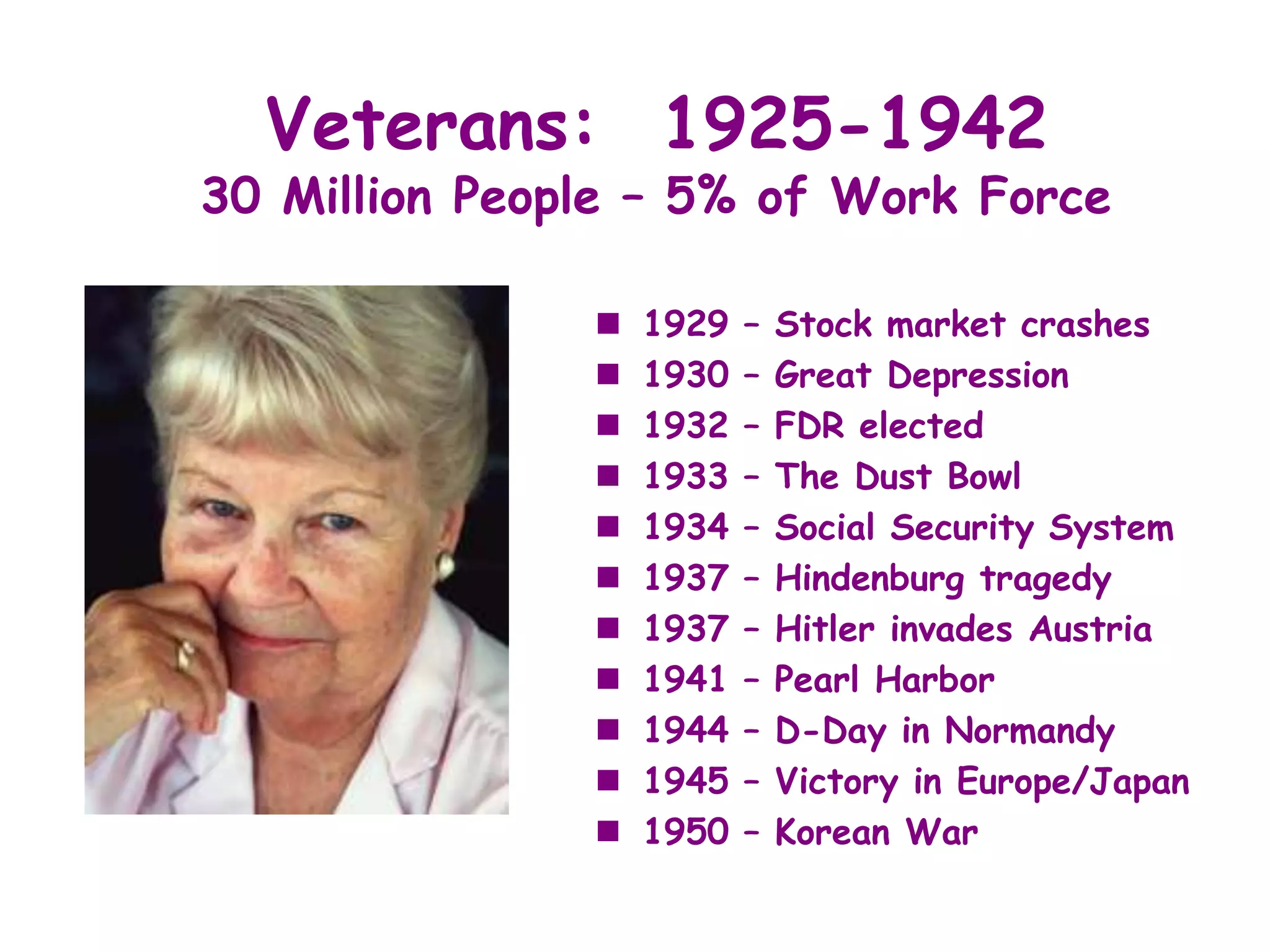 Veterans: 1925-1942
30 Million People – 5% of Work Force

                  1929   –   Stock market crashes
                  1930   –   Great Depression
                  1932   –   FDR elected
                  1933   –   The Dust Bowl
                  1934   –   Social Security System
                  1937   –   Hindenburg tragedy
                  1937   –   Hitler invades Austria
                  1941   –   Pearl Harbor
                  1944   –   D-Day in Normandy
                  1945   –   Victory in Europe/Japan
                  1950   –   Korean War
 