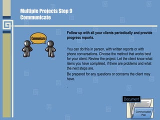 Follow up with all your clients periodically and provide
progress reports.
You can do this in person, with written reports or with
phone conversations. Choose the method that works best
for your client. Review the project. Let the client know what
items you have completed, if there are problems and what
the next steps are.
Be prepared for any questions or concerns the client may
have.
.
Communication
Plan
Document
Multiple Projects Step 9
Communicate
 
