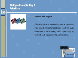 • Prioritize your projects.
• Know which projects are more important. You'll want to
make projects with earlier deadlines a priority. Be aware
of deadlines as you're working. It's important to stay on
track with each project, meeting each milestone.
The Roadmap
Document
Multiple Projects Step 4
Prioritise
 