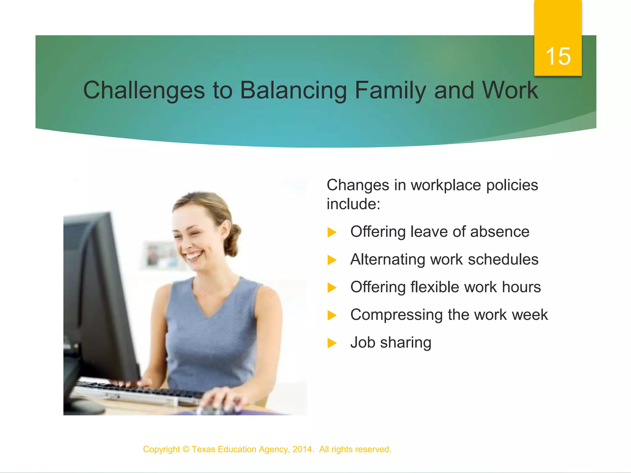 Challenges to Balancing Family and Work
Changes in workplace policies
include:
 Offering leave of absence
 Alternating work schedules
 Offering flexible work hours
 Compressing the work week
 Job sharing
Copyright © Texas Education Agency, 2014. All rights reserved.
15
 