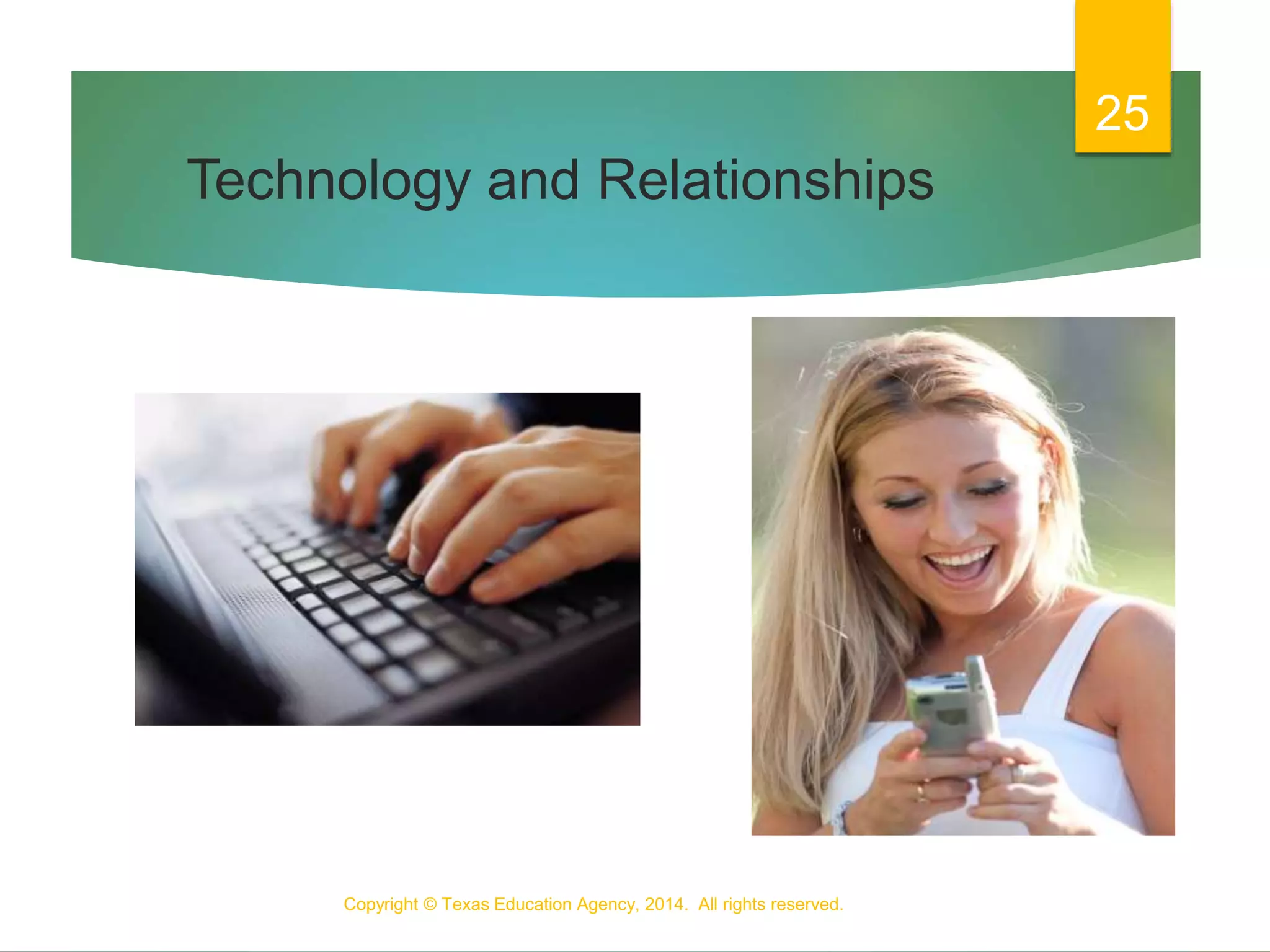 Technology and Relationships
Copyright © Texas Education Agency, 2014. All rights reserved.
25
 