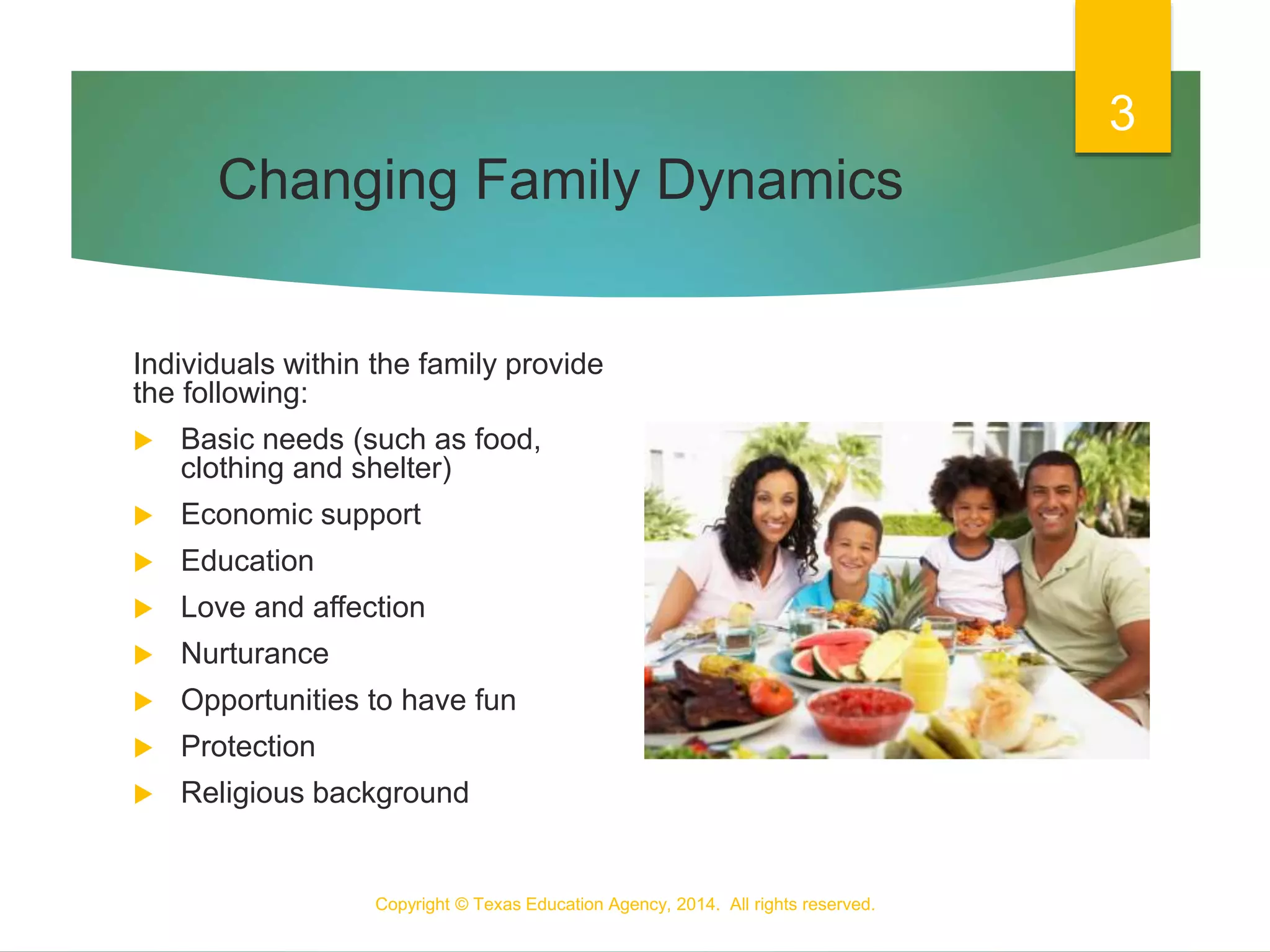 Changing Family Dynamics
Individuals within the family provide
the following:
 Basic needs (such as food,
clothing and shelter)
 Economic support
 Education
 Love and affection
 Nurturance
 Opportunities to have fun
 Protection
 Religious background
Copyright © Texas Education Agency, 2014. All rights reserved.
3
 