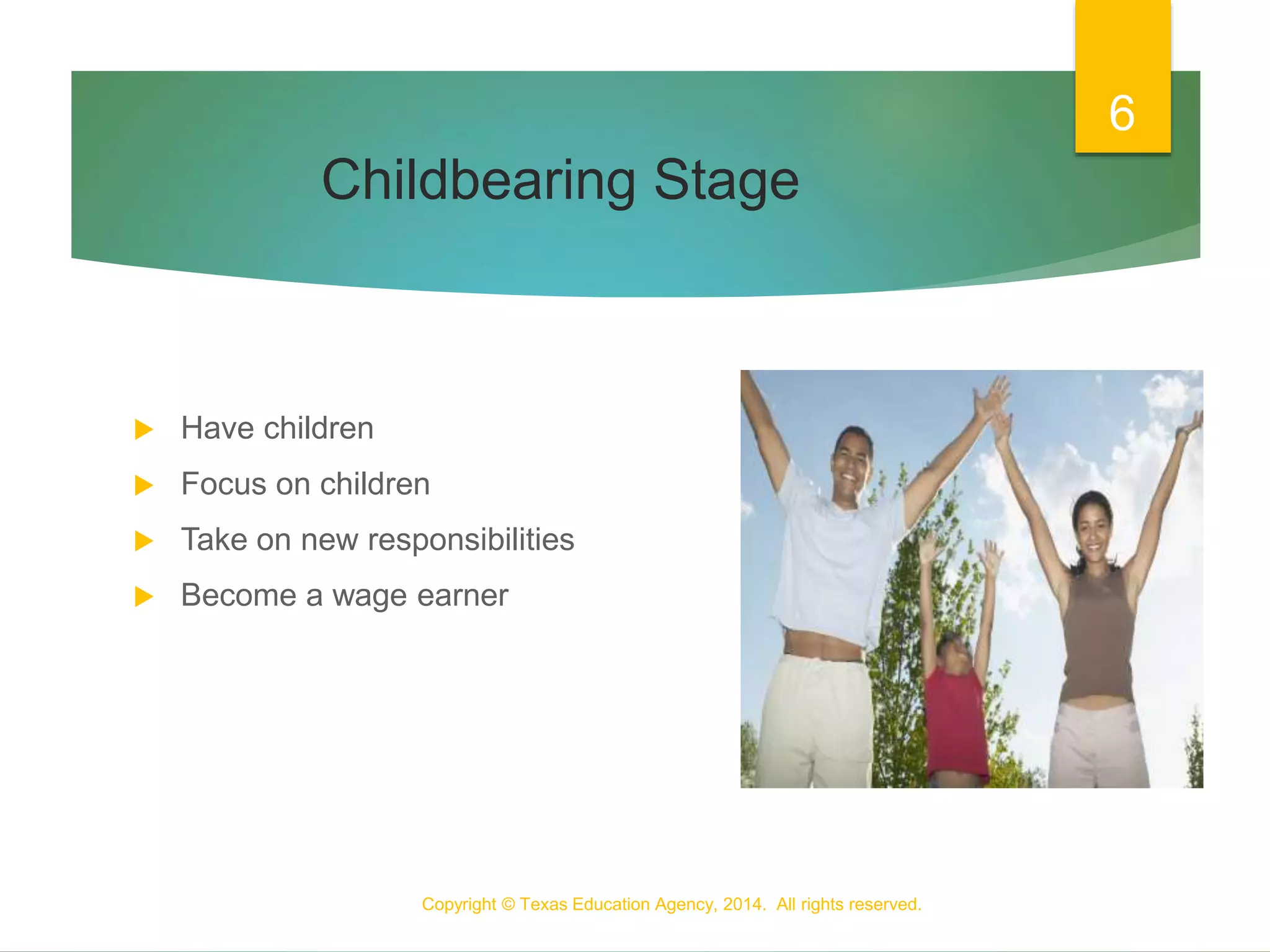 Childbearing Stage
 Have children
 Focus on children
 Take on new responsibilities
 Become a wage earner
Copyright © Texas Education Agency, 2014. All rights reserved.
6
 