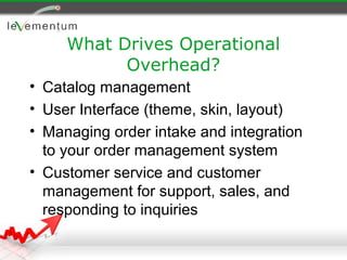 What Drives Operational
           Overhead?
• Catalog management
• User Interface (theme, skin, layout)
• Managing order intake and integration
  to your order management system
• Customer service and customer
  management for support, sales, and
  responding to inquiries
 