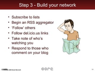 Step 3 - Build your network Subscribe to lists Begin an RSS aggregator ‘ Follow’ others  Follow del.icio.us links Take note of who’s watching you Respond to those who comment on your blog 