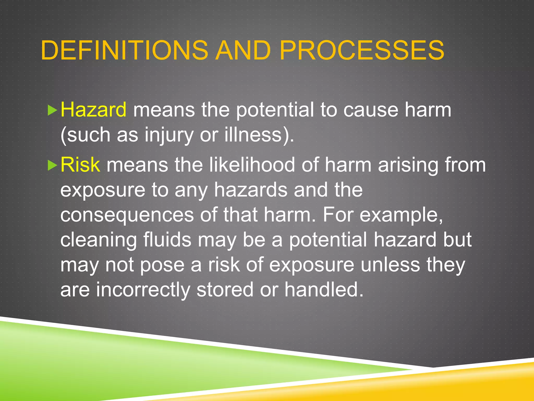 DEFINITIONS AND PROCESSES
Hazard means the potential to cause harm
(such as injury or illness).
Risk means the likelihood of harm arising from
exposure to any hazards and the
consequences of that harm. For example,
cleaning fluids may be a potential hazard but
may not pose a risk of exposure unless they
are incorrectly stored or handled.
 
