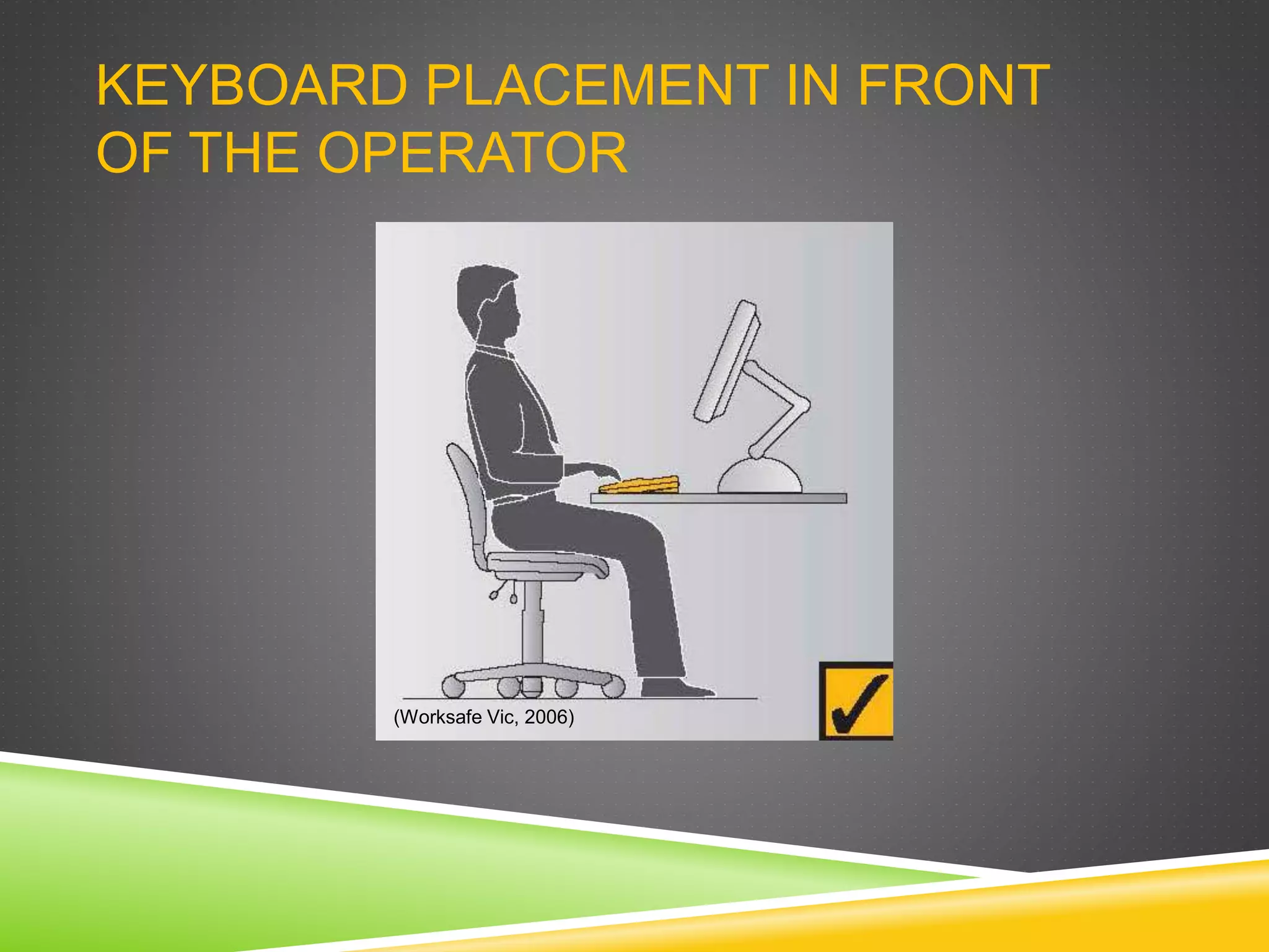 KEYBOARD PLACEMENT IN FRONT
OF THE OPERATOR
(Worksafe Vic, 2006)
 