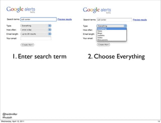 1. Enter search term   2. Choose Everything




 @heidimiller
 #huzzah
Wednesday, April 13, 2011                          ...