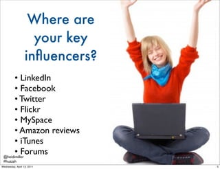 Where are
                    your key
                  inﬂuencers?
       • LinkedIn
       • Facebook
       • Twitter
...