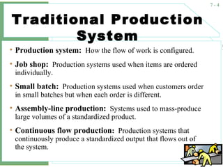 7 - 4
Traditional Production
System
• Production system: How the flow of work is configured.
• Job shop: Production systems used when items are ordered
individually.
• Small batch: Production systems used when customers order
in small batches but when each order is different.
• Assembly-line production: Systems used to mass-produce
large volumes of a standardized product.
• Continuous flow production: Production systems that
continuously produce a standardized output that flows out of
the system.
 