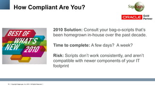 Copyright SageLogix, Inc, 2016. All Rights Reserved19
How Compliant Are You?
2010 Solution: Consult your bag-o-scripts that’s
been homegrown in-house over the past decade.
Time to complete: A few days? A week?
Risk: Scripts don’t work consistently, and aren’t
compatible with newer components of your IT
footprint
 