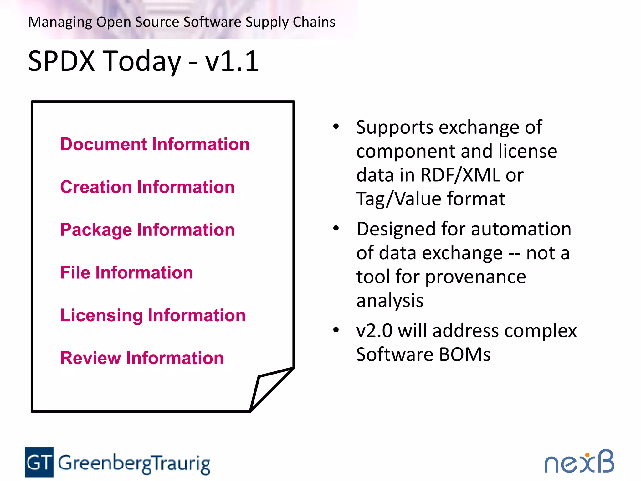 Managing Open Source Software Supply Chains
• Supports exchange of
component and license
data in RDF/XML or
Tag/Value format
• Designed for automation
of data exchange -- not a
tool for provenance
analysis
• v2.0 will address complex
Software BOMs
Document Information
Creation Information
Package Information
File Information
Licensing Information
Review Information
SPDX Today - v1.1
 