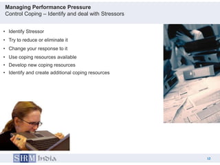 Managing Performance Pressure
Control Coping – Identify and deal with Stressors


• Identify Stressor
• Try to reduce or eliminate it
• Change your response to it
• Use coping resources available
• Develop new coping resources
• Identify and create additional coping resources




                                                         12
                                                    12
 