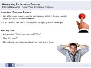 Overcoming Performance Pressure
 Internal Stressors - Know Your Emotional Triggers

Know Your Emotional Triggers
• We all have our triggers - words, expressions, a look in the eye - which
  press that button marked blast off.
• If you want to see sparks coming from my eyes, just call me stupid.


Your key task:
• Ask yourself: „What hurts me most? Why?
• How do I react?‟
• Get to know your triggers and work on neutralising them.




                                                                                  29
                                                                             29
 