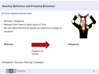 Reactive Behaviour and Proactive Behaviour

 Try to respond and not react


• Stimulus –Response
• Between them there is some space or Time
• We can utilize that time to decide our response to people or
  situations




  Stimulus                                                       Response


                                 Freedom of
                                 Choice


Anticipation! Advance Planning! Foresight!


                                                                                 31
                                                                            31
 
