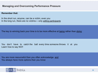 Managing and Overcoming Performance Pressure

Remember that:

In the short run, anyone, can be a victim, even you
In the long run, there are no victims--- only willing participants



The key to winning back your time is to be more effective at being rather than doing




You don‟t have to catch the ball every time someone throws it at you
Learn how to say NO!!



You are more resourceful than you often acknowledge and
You always have more options than you know



                                                                                            32
                                                                                       32
 