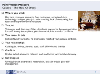 Performance Pressure
Causes – The 'How' Of Stress

 Where you work
   Red tape, changes, demands from customers, uncertain future,
   technology changes, poor job understanding, lack of networking, low
   focus on key performance indicators
 Your job
   Volume of work (too much/little), deadlines, pressures, being responsible
   for staff, wrong assumptions, poor teamwork, interpretation problems
 Your career to date
   Still not found your niche, no clear goals, reached your plateau, ambition
 Your relationships
   Colleagues, friends, partner, boss, staff, children and families
 Conflicts
   Unable to find a balance between work and home; worried about money
 Self-imposed
   Giving yourself a hard time, materialism, low self-image, poor self-
   management


                                                                                    7
                                                                                7
 