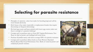 Selecting for parasite resistance
• Principles of selection: select best males for breeding [top] and cull the
worst females [bottom].
• Don’t keep or buy males (especially) or replacement females that require
deworming (or frequent deworming).
• Do fecal egg counts and keep animals with lowest egg counts; make sure
there is enough of a parasite challenge!
• Consign and/or purchase rams to/from SW Virginia Performance Test.
Rams are kept on pasture and challenged with worm larvae.
• Purchase Katahdin ram(s) with above-average EBVs for parasite resistance
• Consign and/or purchase (Kiko) bucks to/from Western Maryland
Pasture-Based Meat Goat Performance Test. Bucks are raised on pasture and
evaluated for parasite resistance.
 