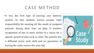 CASE METHOD
 It was
system.
the first type of
In this method,
nursing care delivery
nurses assume total
responsibility for meeting all the needs of assigned
patients during their time on duty. It involves
assignment of one or more clients to a nurse for a
specific period of time such as shift. The patient has
a different nurse each shift and no guarantee of
having the same nurses the next day.
 