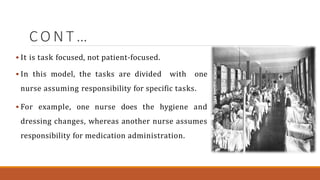 C O N T …
 It is task focused, not patient-focused.
 In this model, the tasks are divided with one
nurse assuming responsibility for specific tasks.
 For example, one nurse does the hygiene and
dressing changes, whereas another nurse assumes
responsibility for medication administration.
 