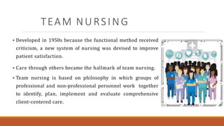 TEAM NURSING
 Developed in 1950s because the functional method received
criticism, a new system of nursing was devised to improve
patient satisfaction.
 Care through others became the hallmark of team nursing.
 Team nursing is based on philosophy in which groups of
professional and non-professional personnel work together
to identify, plan, implement and evaluate comprehensive
client-centered care.
 